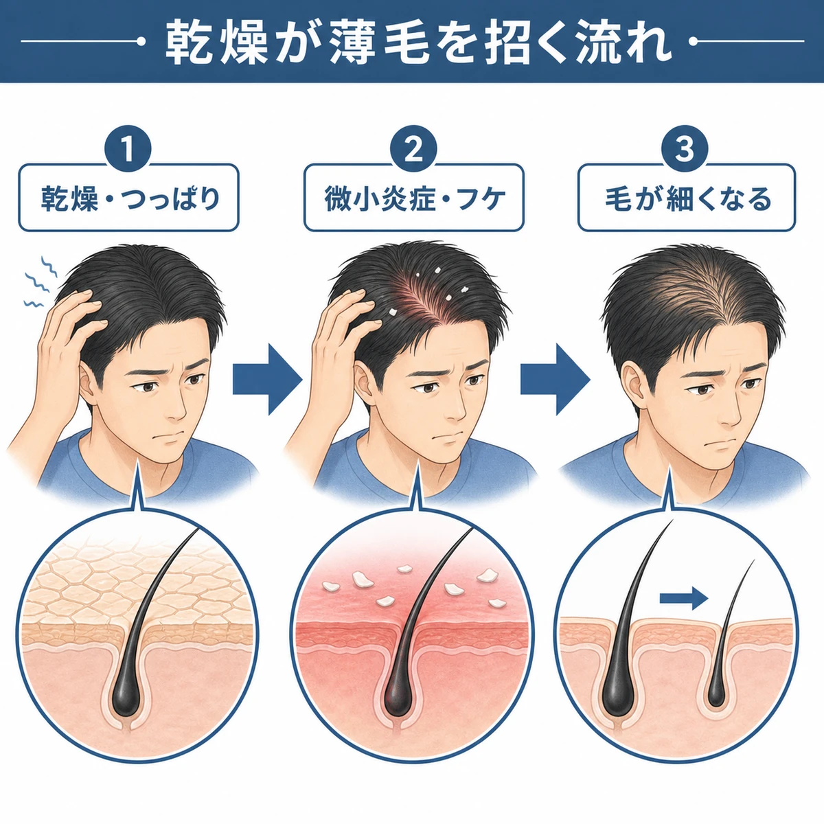 頭皮の乾燥が微小炎症を経て軟毛化へ進む流れを左から右に表した医療イラスト