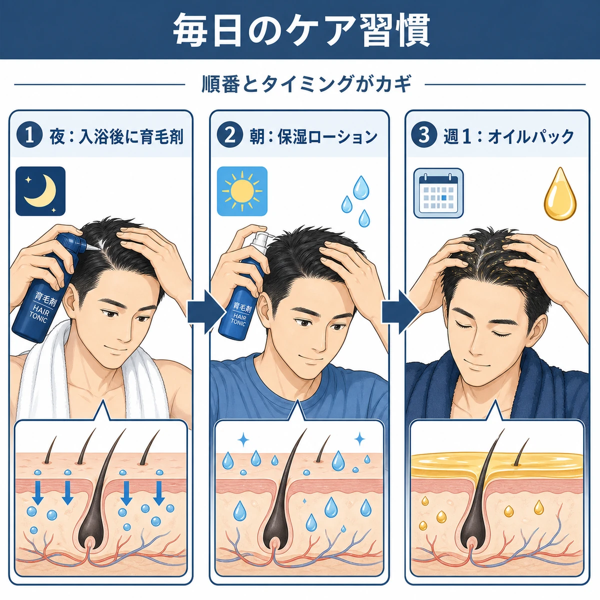 夜の育毛剤・朝の保湿・週1オイルパックという毎日の頭皮ケア手順を順に表した医療イラスト