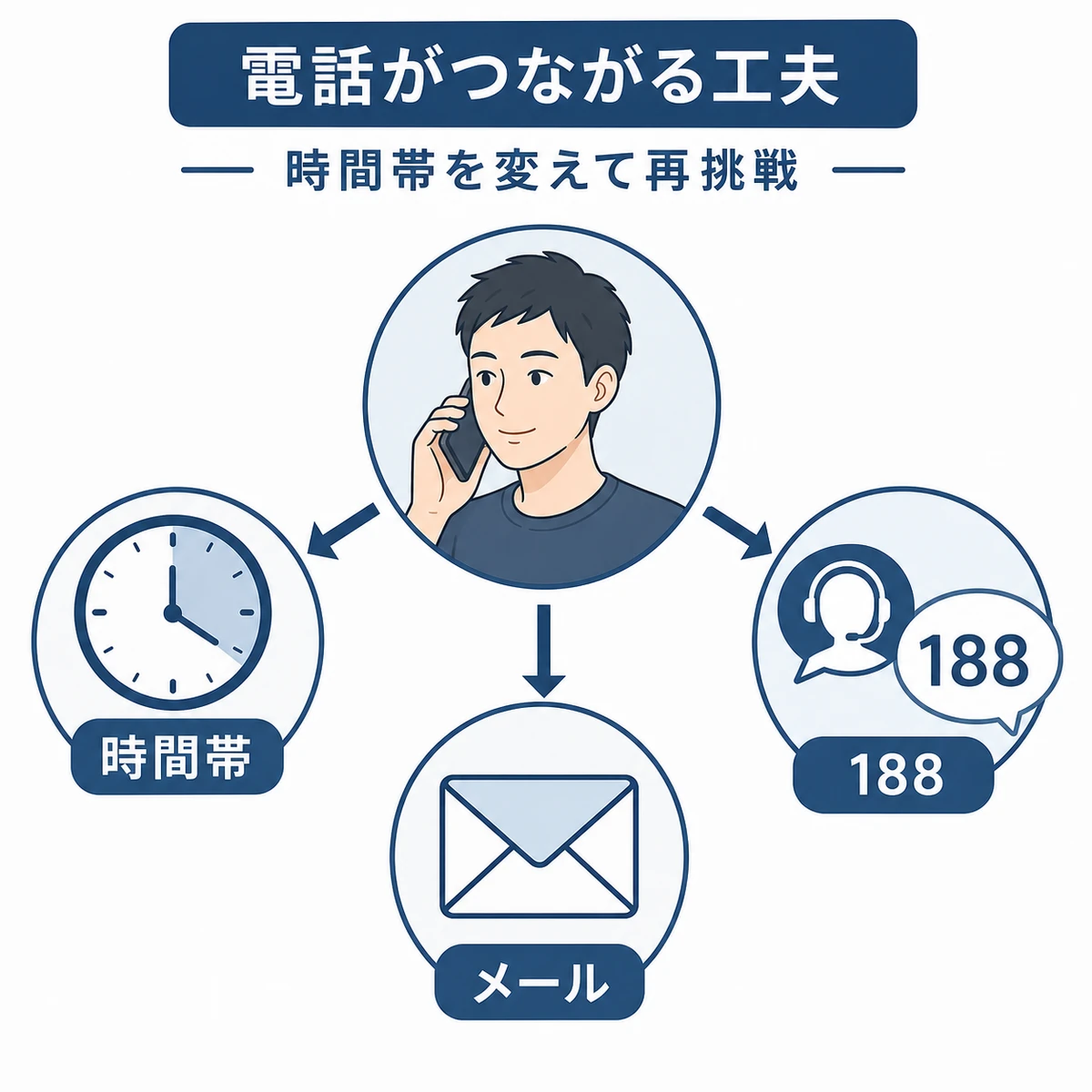 電話がつながりやすくなる時間帯変更・メール連絡・相談窓口の工夫を成人男性とともに描いた医療系の解説イラスト