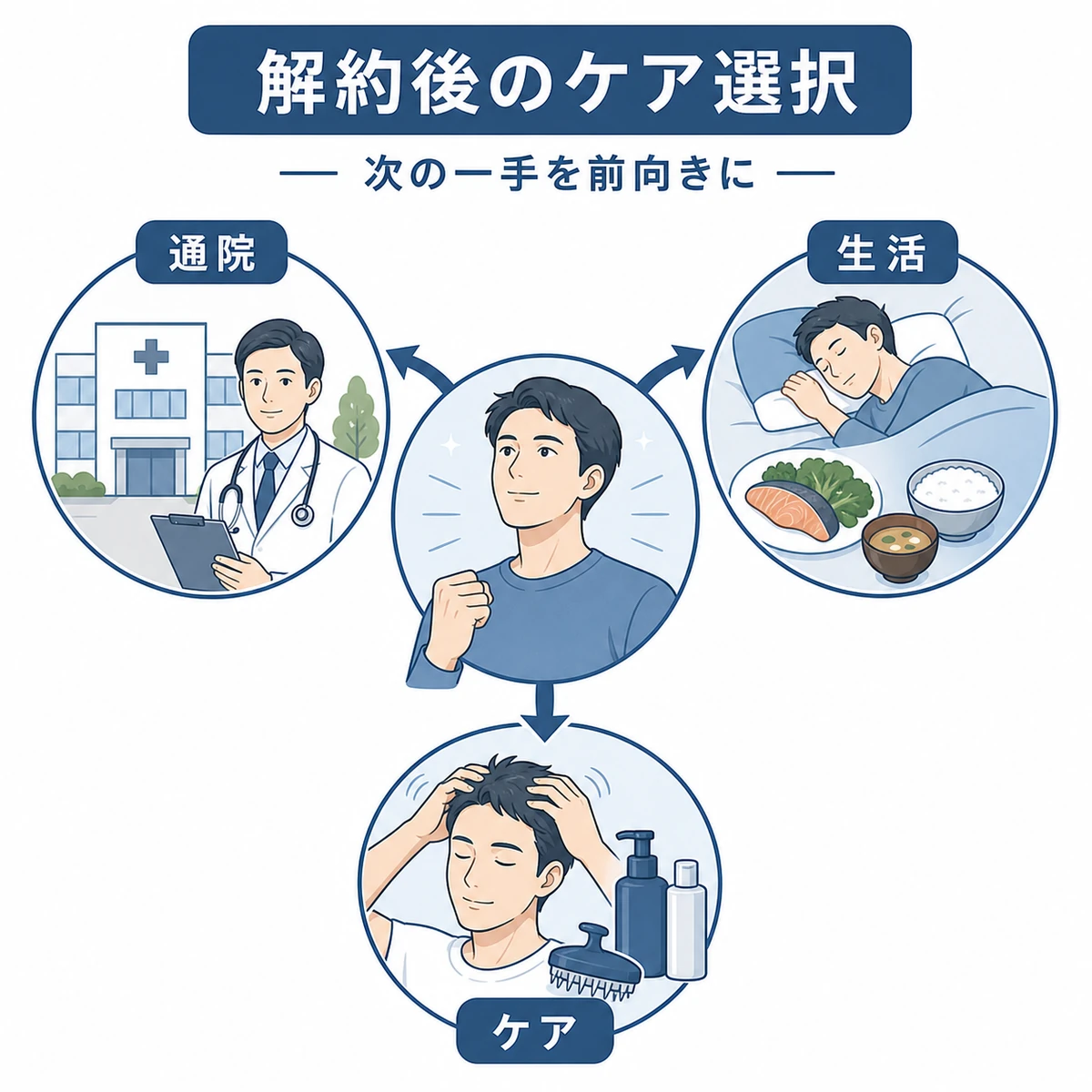 解約後も続けられるクリニック受診・生活習慣・頭皮ケアの選択肢を成人男性とともに描いた医療系の解説イラスト