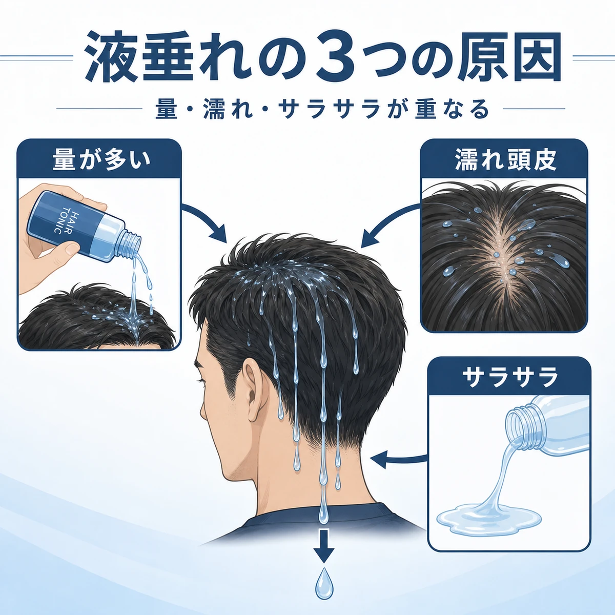 育毛剤の液垂れを招く塗る量・濡れた頭皮・サラサラした剤形の3つの原因を表した医療イラスト