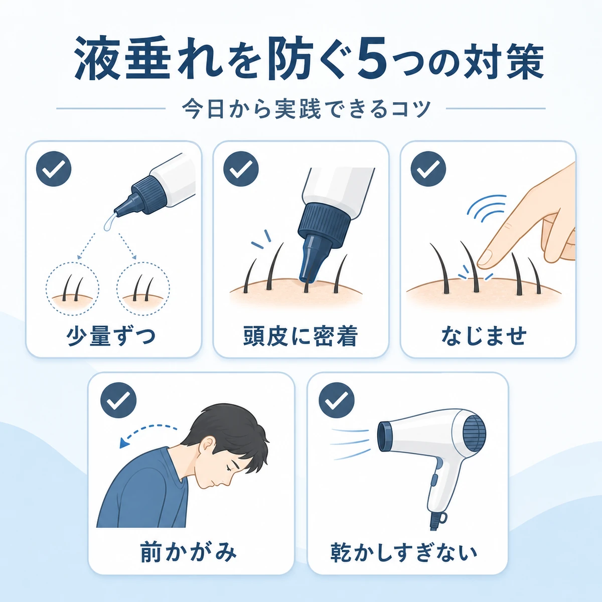少量塗布やノズル密着など育毛剤の液垂れを防ぐ5つの対策をまとめた医療イラスト