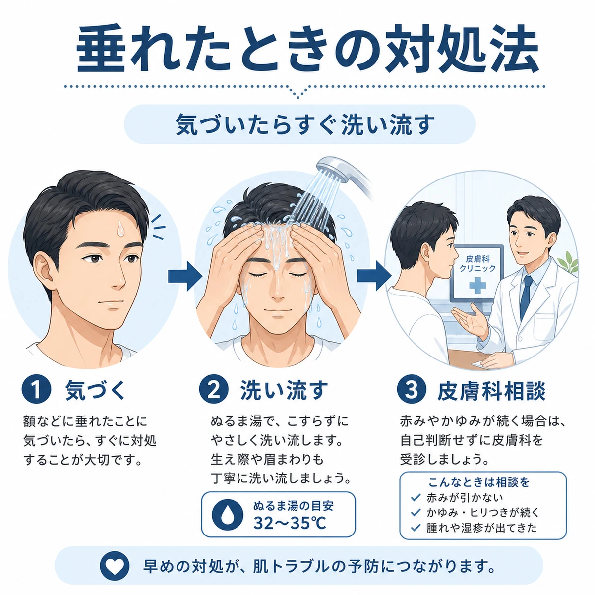 顔に垂れた育毛剤をぬるま湯で洗い流し肌トラブルを防ぐ対処手順を示した医療イラスト