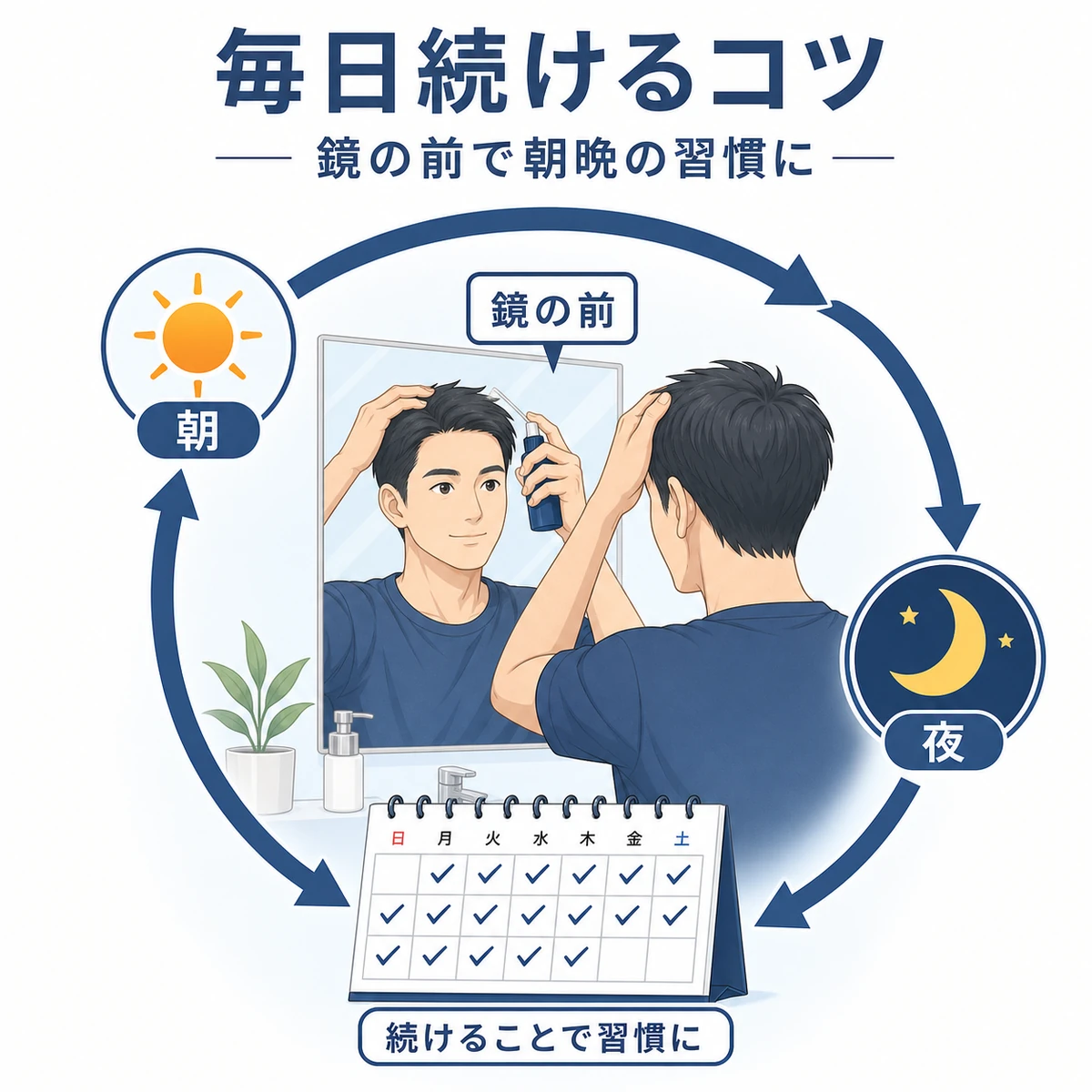 鏡の前で朝晩に育毛剤を塗る習慣を毎日続けるコツを表した医療イラスト