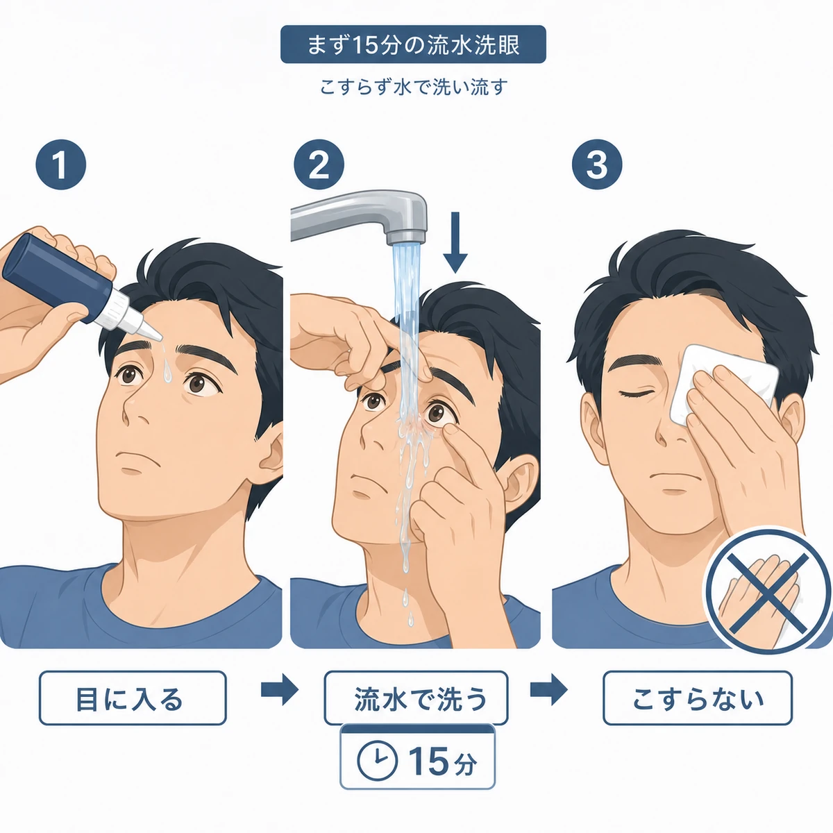 育毛剤が目に入った直後に流水で15分以上洗眼する応急処置の手順を表した医療イラスト