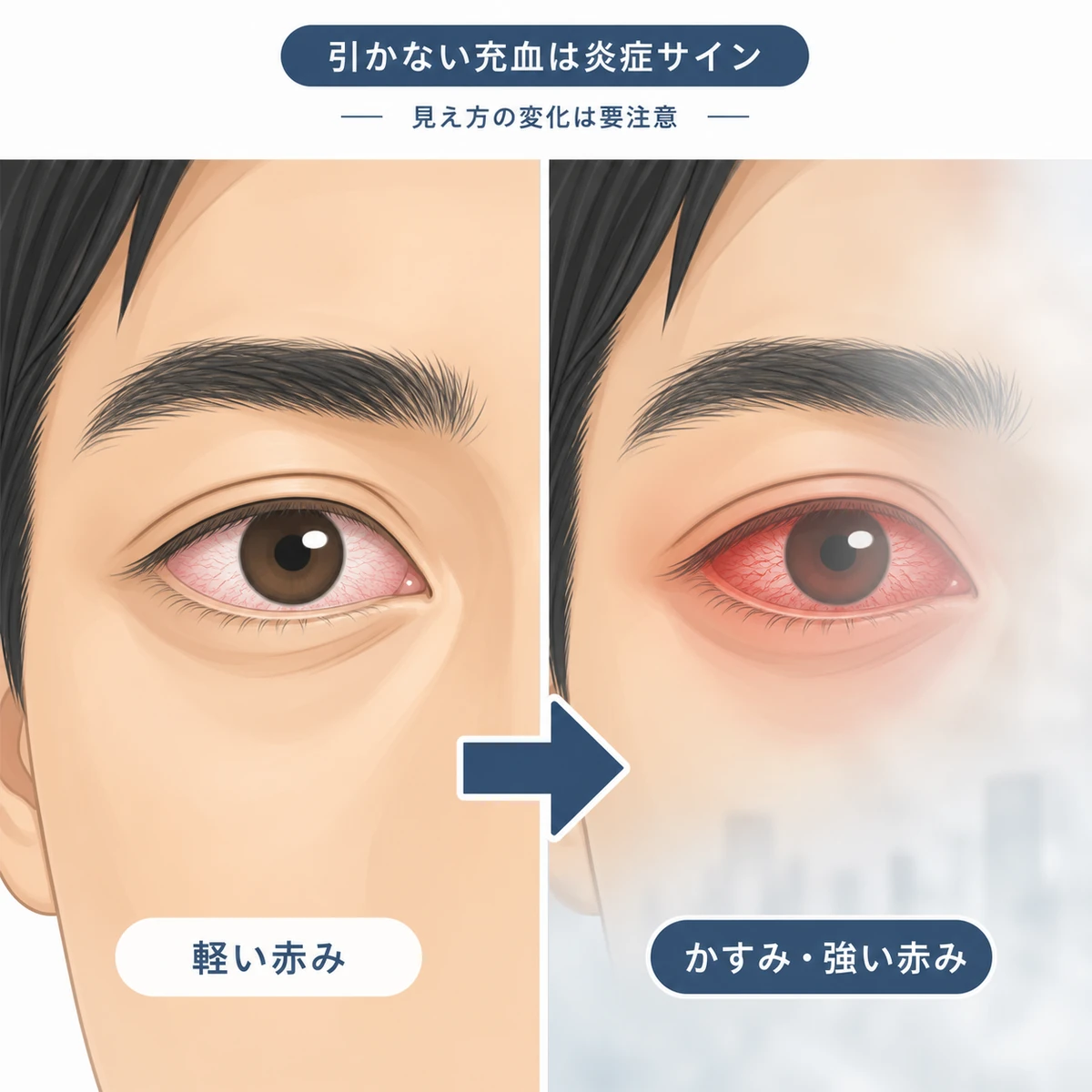 一時的な充血と育毛剤による目の炎症の見分け方を左右で対比した医療イラスト