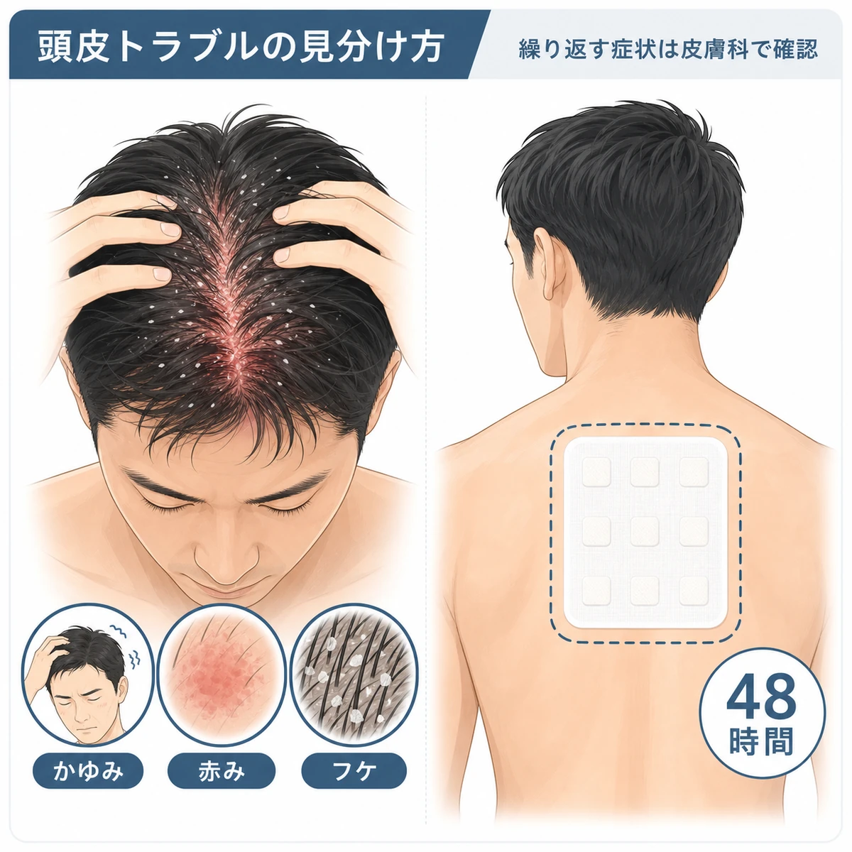 頭皮のかゆみや赤みのサインとパッチテストによる見分け方を表した医療イラスト