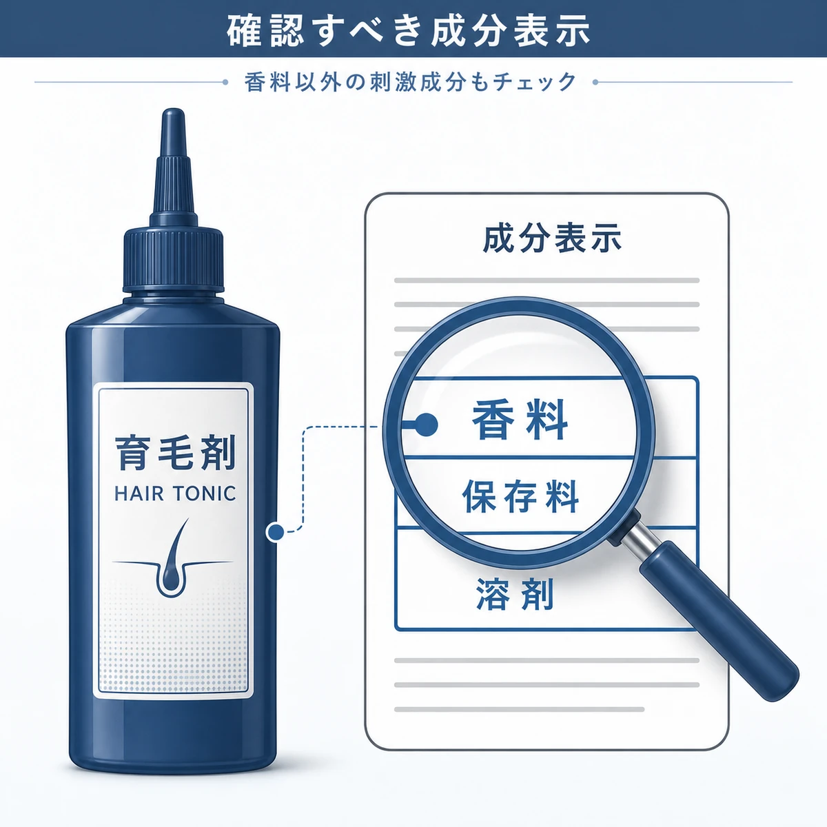 育毛剤の成分表示で香料や刺激成分を確認するポイントを表した医療イラスト