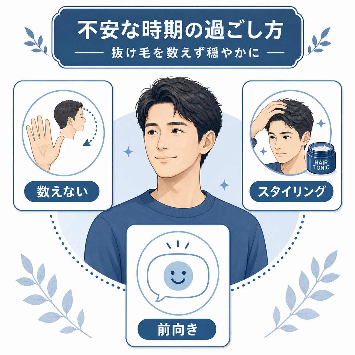 初期脱毛の不安な時期を穏やかに過ごす男性のメンタルケアの工夫を表した医療イラスト