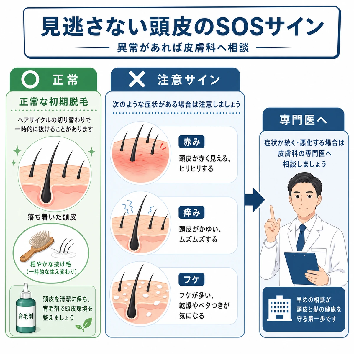正常な初期脱毛と受診すべき頭皮の注意サインを見分けて専門医へ相談する流れを表した医療イラスト