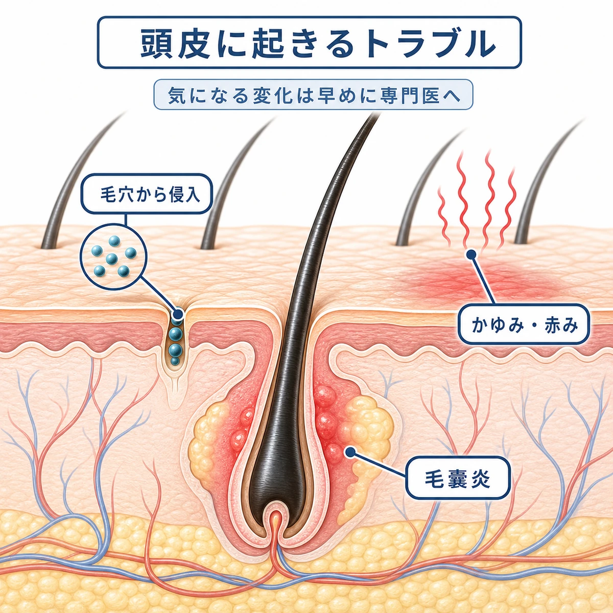 汚染された育毛剤で頭皮に毛嚢炎などのトラブルが起きるしくみを表した医療イラスト