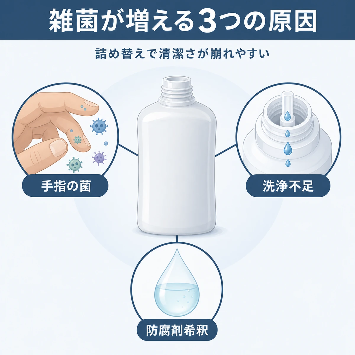 育毛剤の詰め替えで雑菌が増える3つの原因を表した医療イラスト