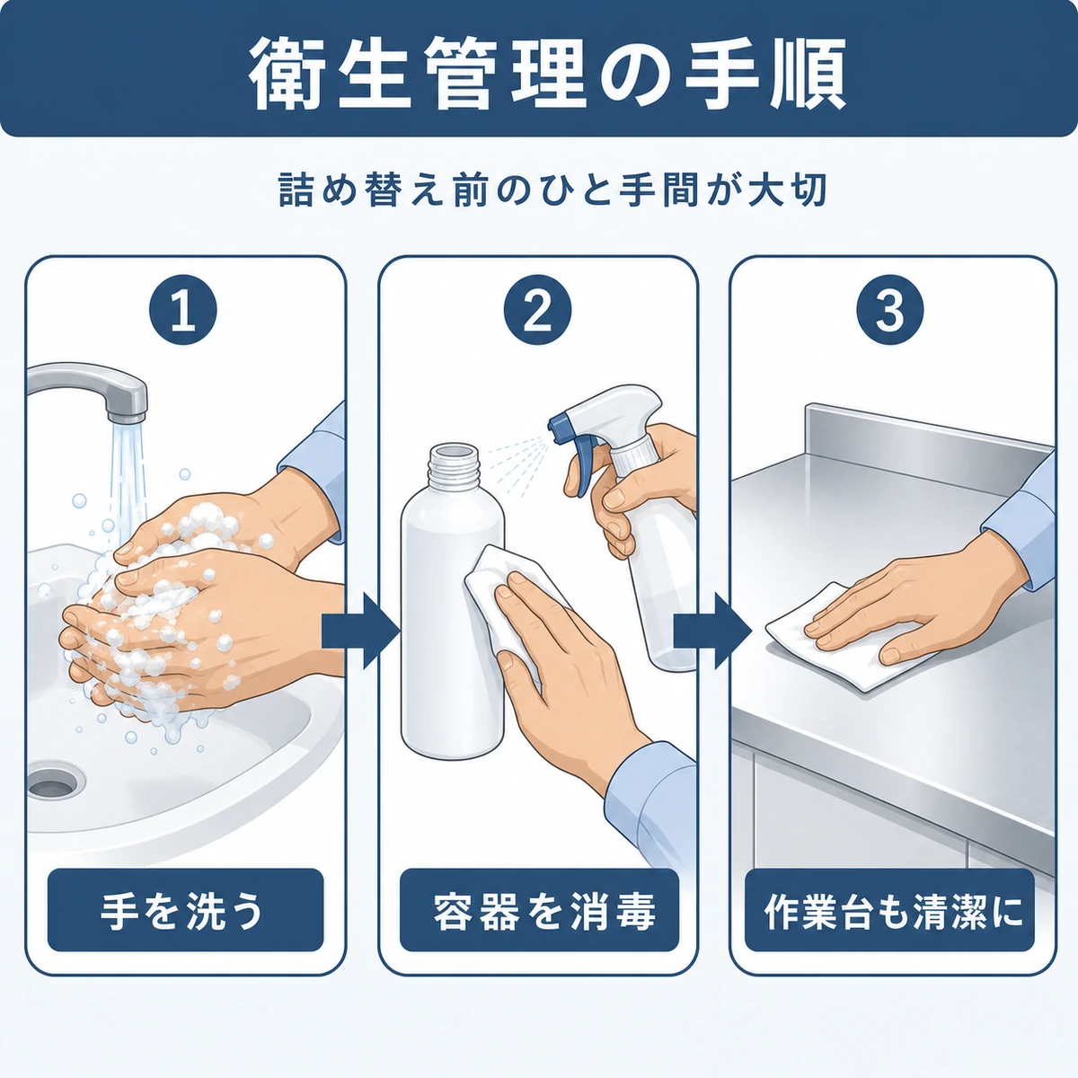 育毛剤を詰め替える前の手洗いと容器消毒の手順を示した医療イラスト