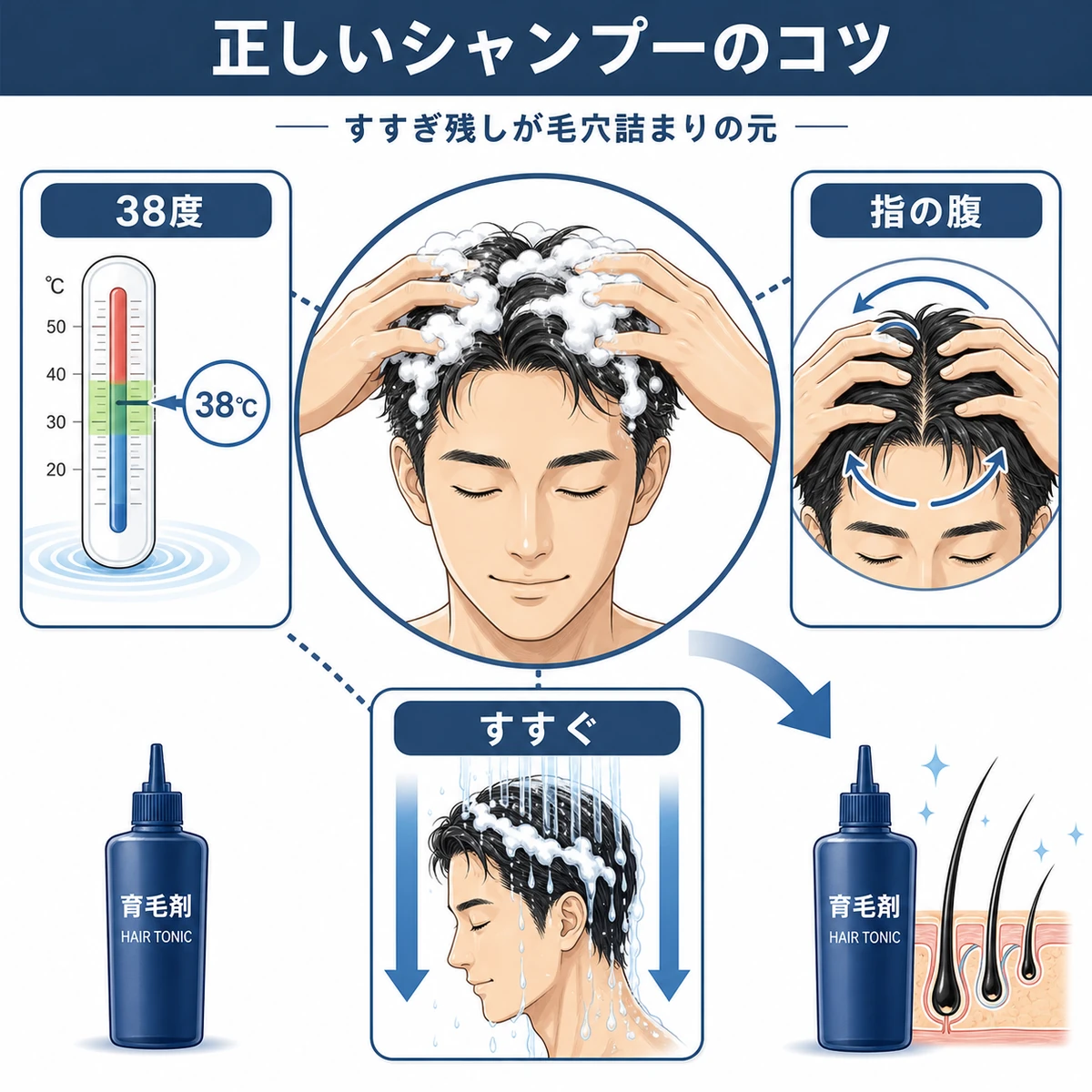 ぬるま湯・指の腹・すすぎ残しゼロという頭皮にやさしいシャンプーのコツを男性の洗髪とともに示した医療イラスト