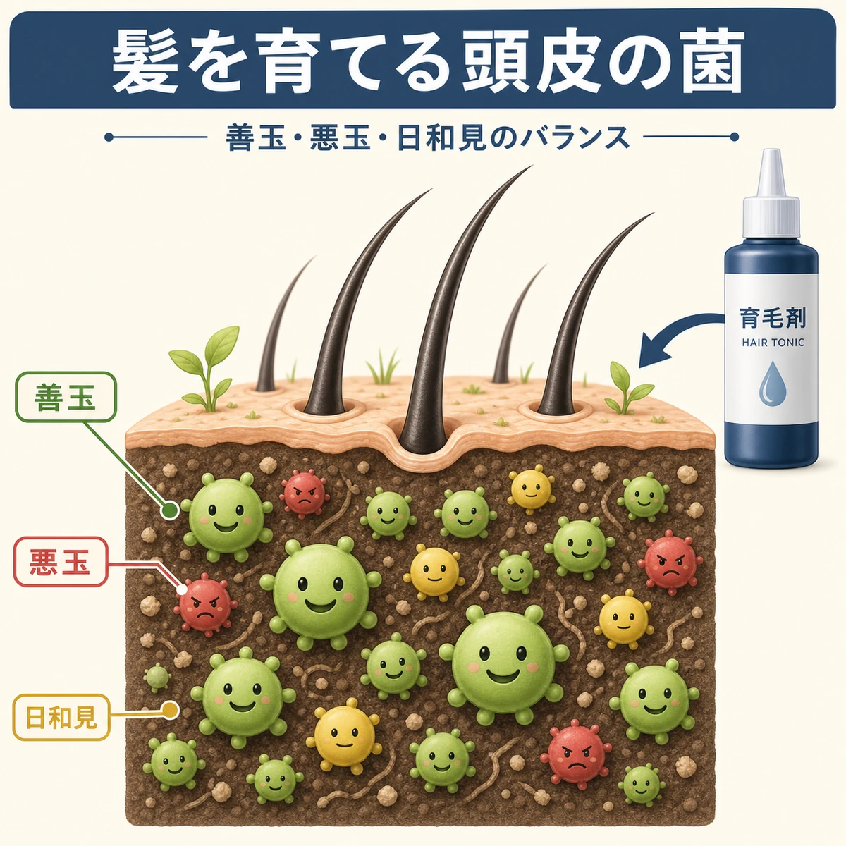 頭皮の常在菌を土壌にたとえ善玉菌が優勢な状態で髪が育つ様子を表した医療イラスト