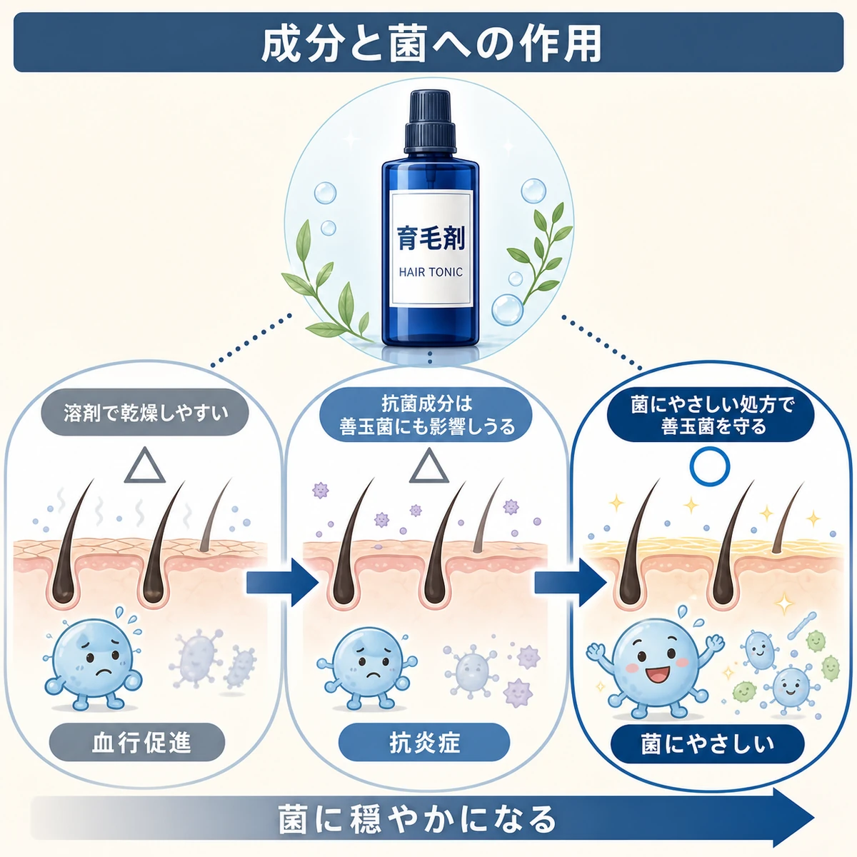 育毛剤の成分ごとに頭皮の常在菌への影響を対比した医療イラスト