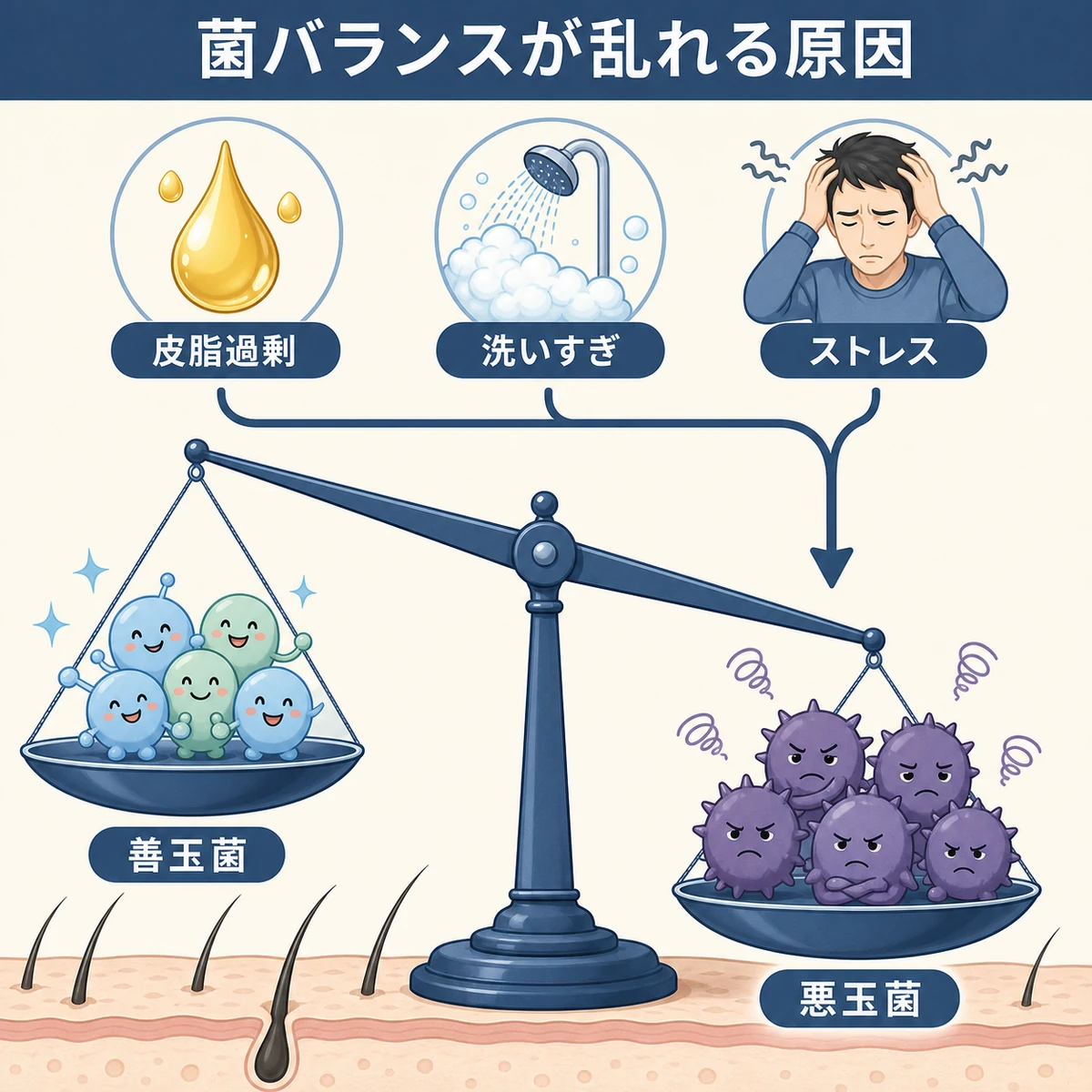 生活習慣の乱れで頭皮の菌バランスが悪玉菌側に傾く様子を天秤で表した医療イラスト