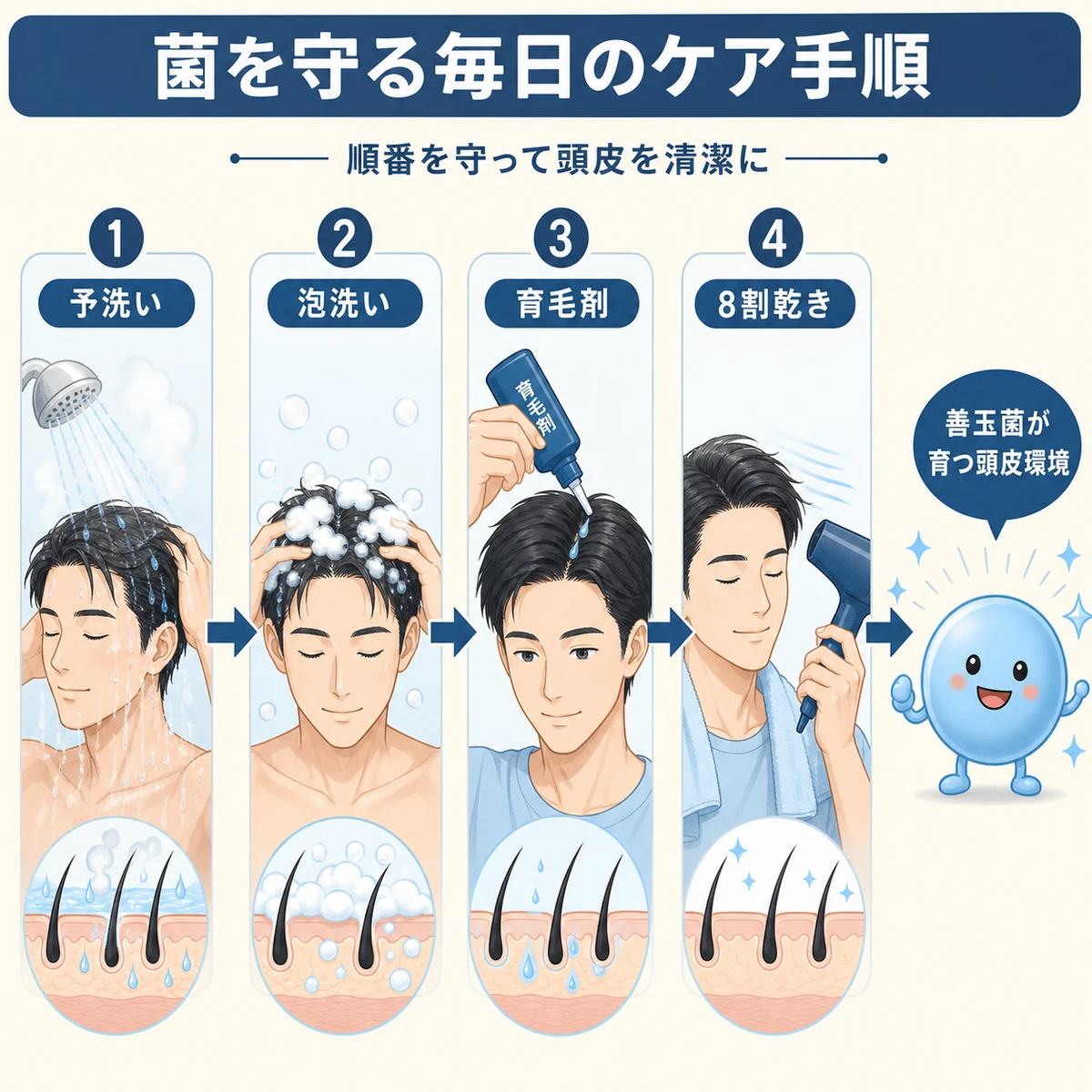 予洗いから育毛剤塗布とドライヤーまで菌を守る毎日のケア手順を左から右に表した医療イラスト