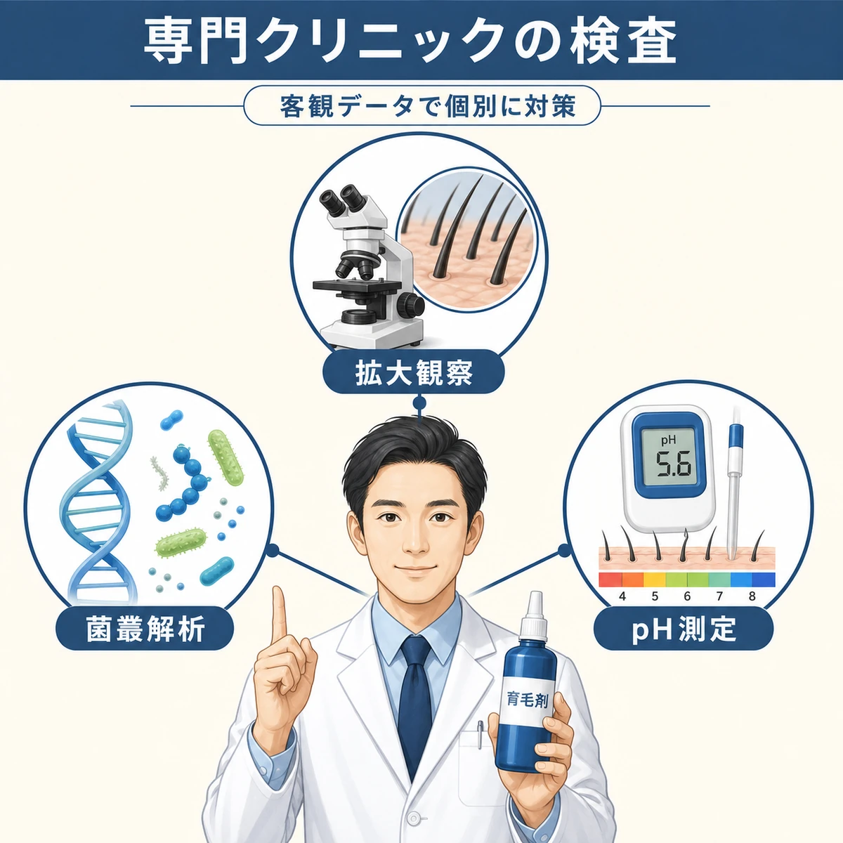 専門クリニックで受けられる頭皮のマイクロスコープや菌叢解析などの検査を男性医師とともに表した医療イラスト