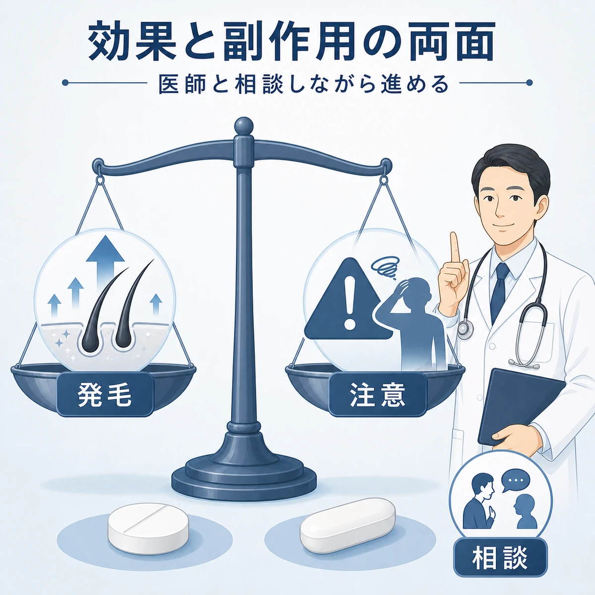 AGA治療薬の効果と副作用の両面を天秤で表した医療イラスト