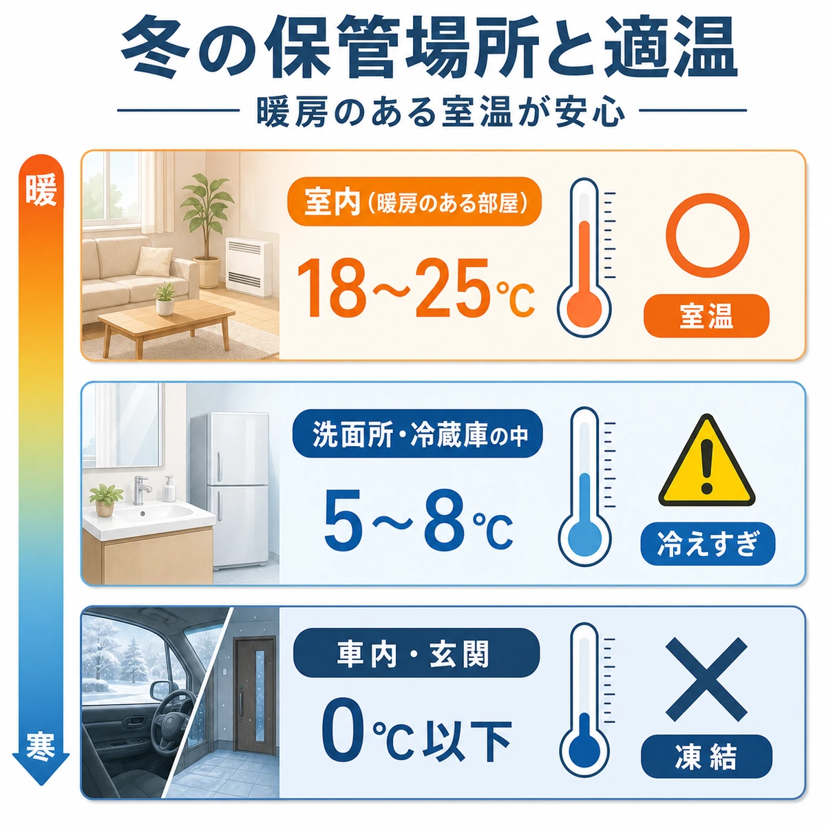 暖房のある部屋が適温で冷蔵庫や車内は避けるべき育毛剤の保管場所を比べた医療イラスト