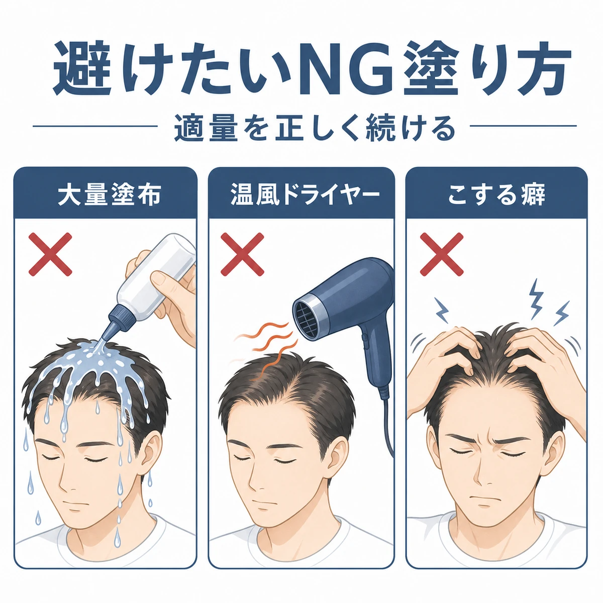 大量塗布や温風ドライヤーなど育毛剤の避けたい塗り方を並べた医療イラスト
