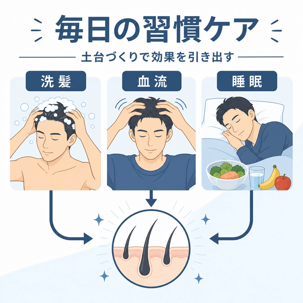 髪の健康を支える生活習慣のポイントを表した医療イラスト