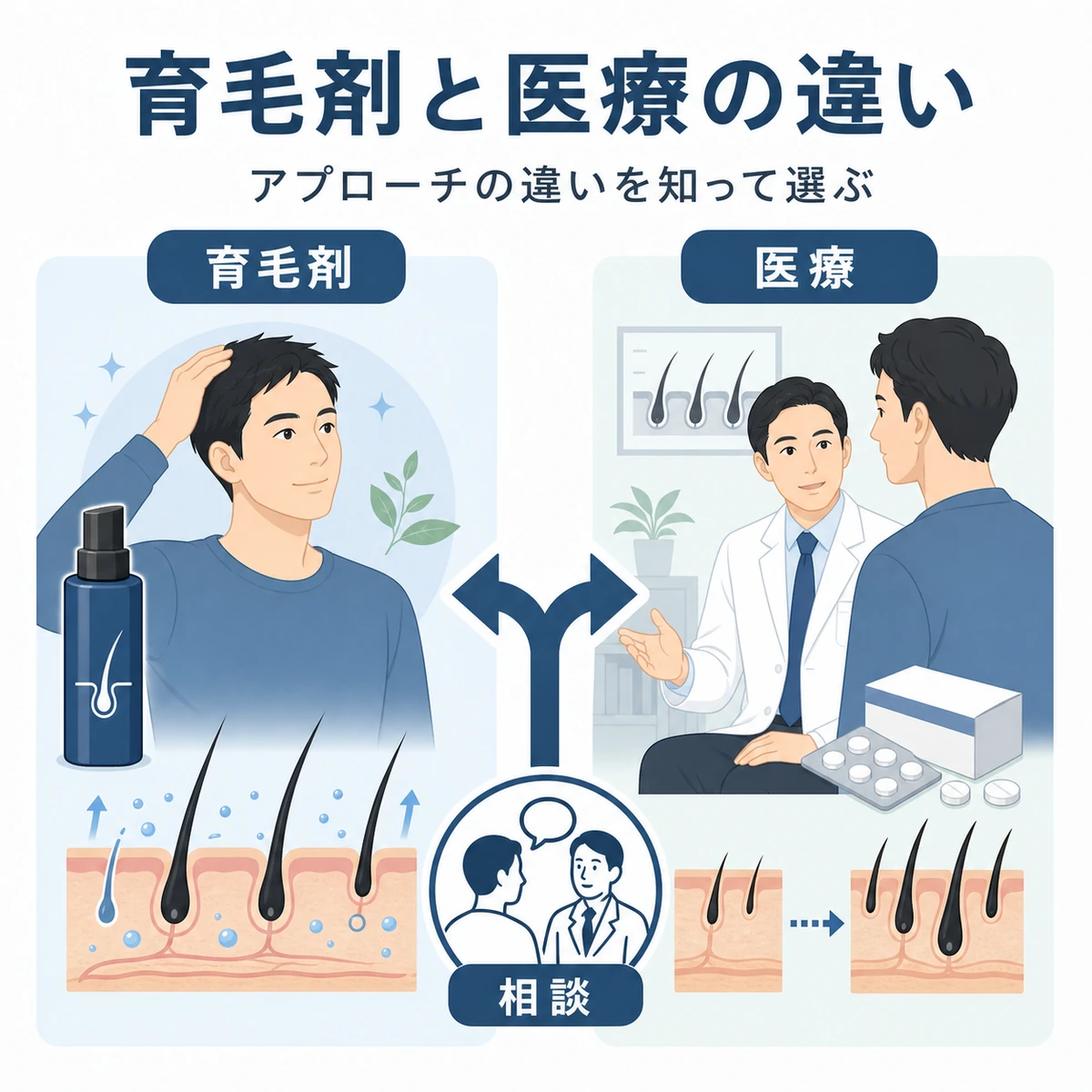 育毛剤によるケアとクリニック治療のアプローチの違いを対比した医療イラスト