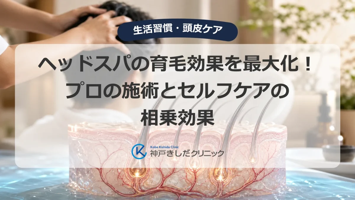 頭皮を指の腹でやさしくもみほぐす男性と、健康な毛根をイメージした頭皮の断面図