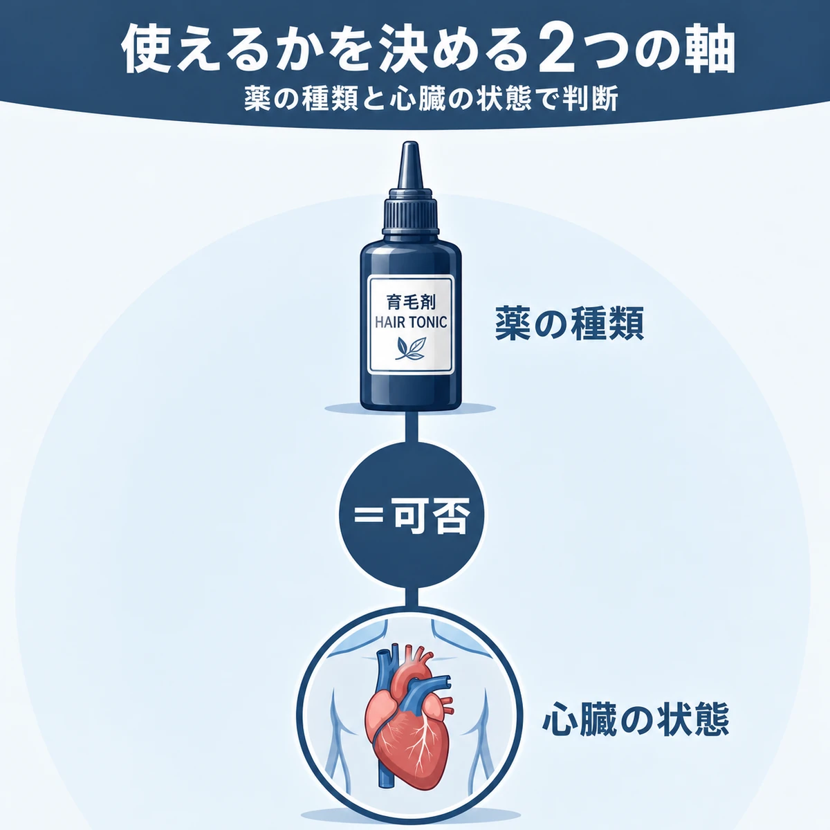 育毛剤の種類と心臓の状態という2つの判断軸を表した医療イラスト