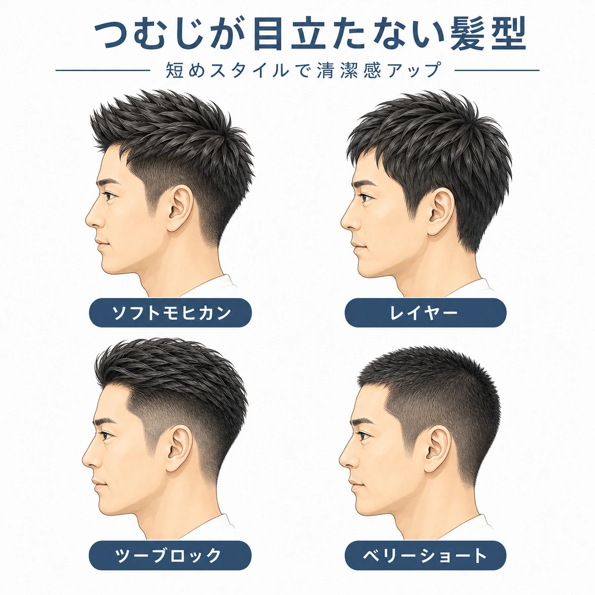 つむじの薄毛を自然にカバーできる成人男性向けの短めメンズ髪型4種類を並べた比較イラスト