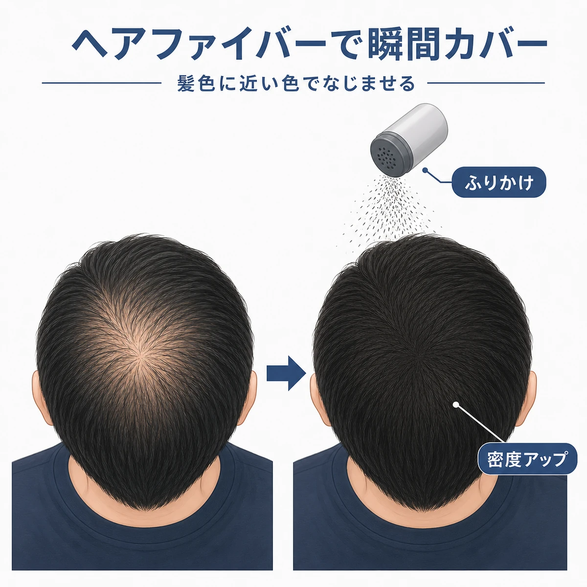 つむじを真上から見てヘアファイバーを振りかけ地肌を密に見せるカバー方法を表した医療メディア向けイラスト