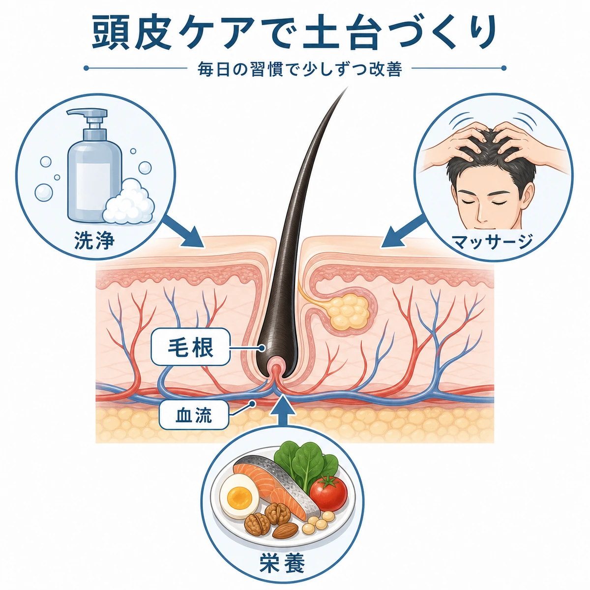 シャンプーとマッサージと栄養が毛根に届いて頭皮環境を整えるしくみを表した断面イラスト