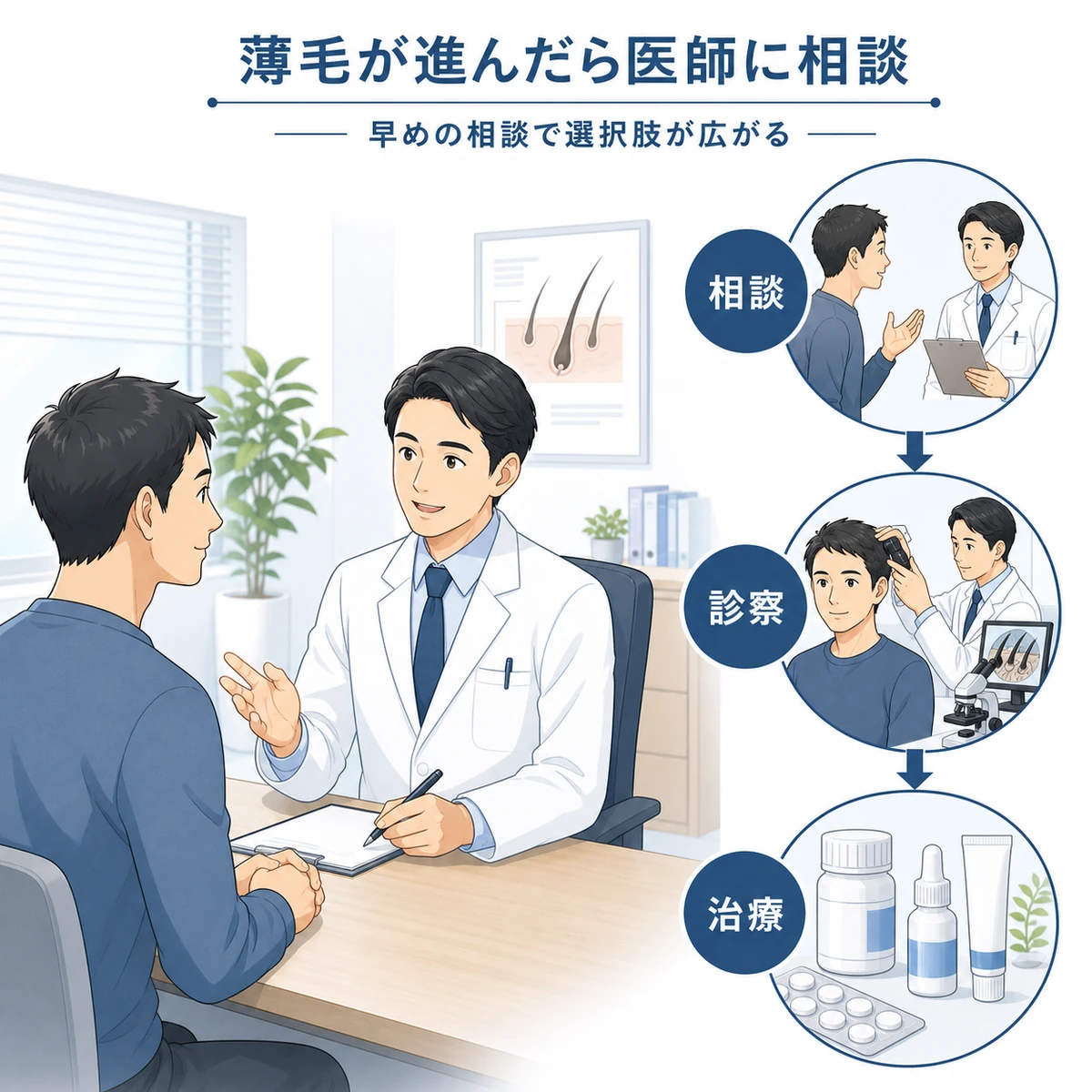 成人男性の患者が男性医師につむじの薄毛を相談し受診から治療へ進む流れを表した医療イラスト