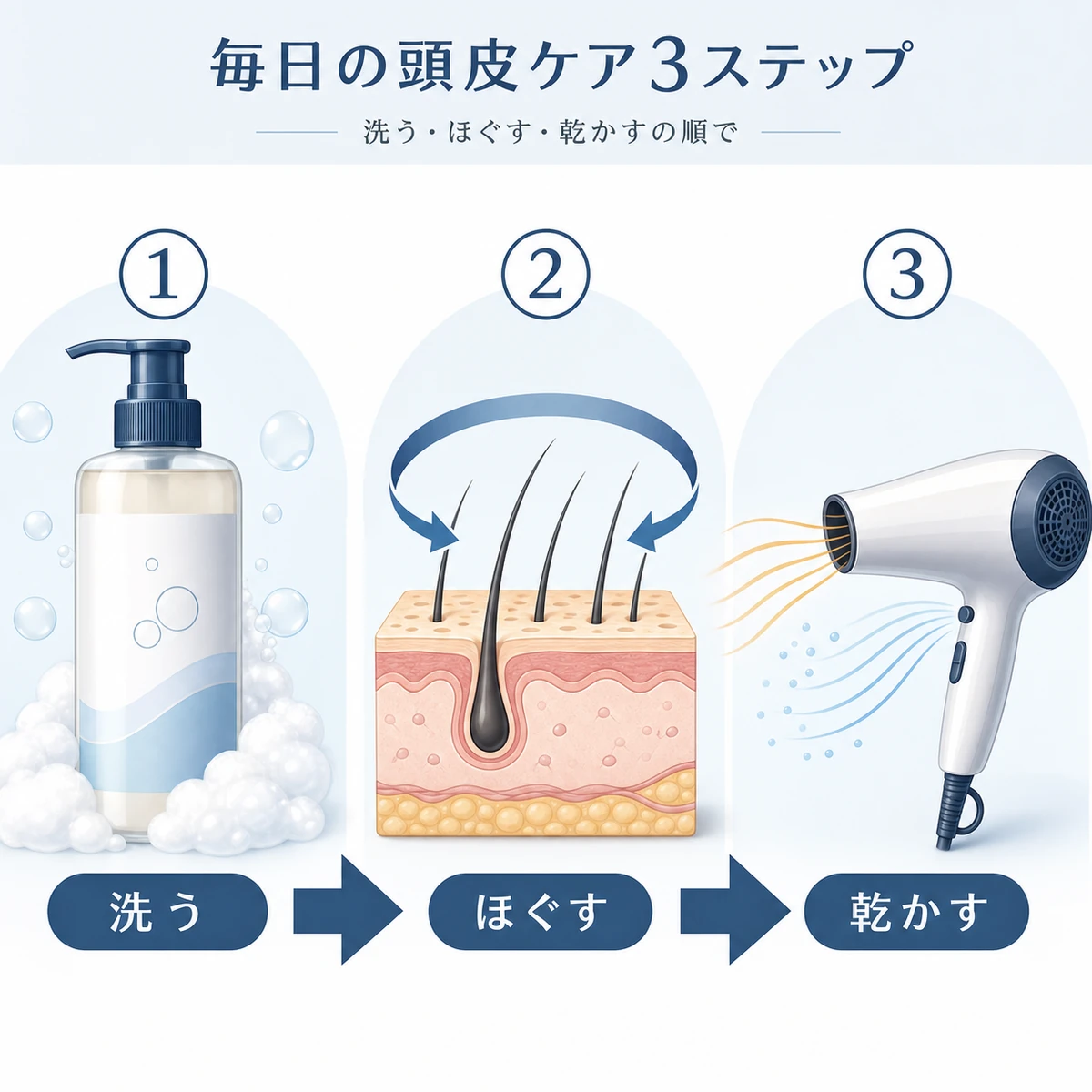 アミノ酸系シャンプーとマッサージとドライヤーで行う頭皮ケアの手順を表した医療イラスト