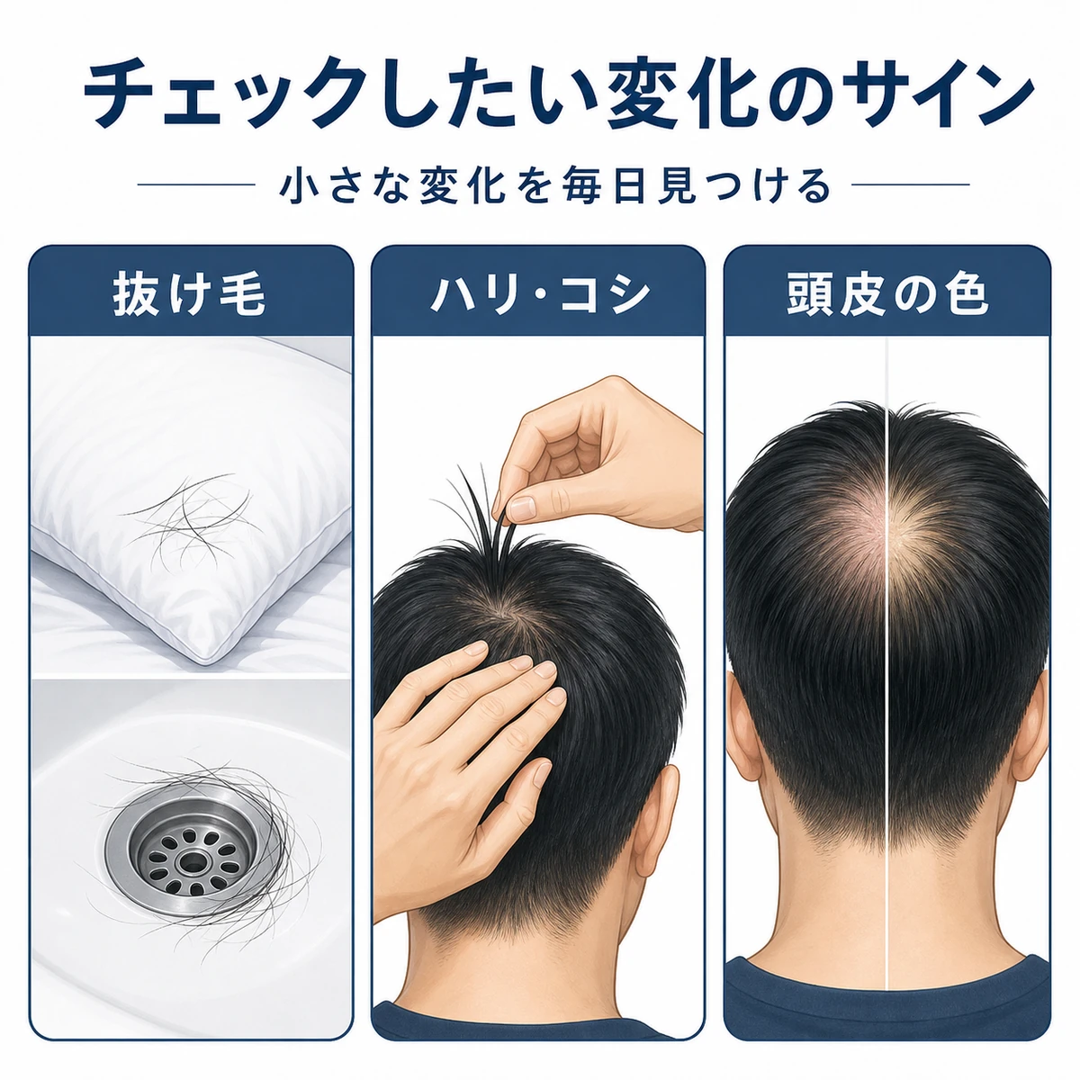 抜け毛の減少や髪のハリ頭皮の色など育毛剤の手応えを確かめる変化のサインを表した医療イラスト