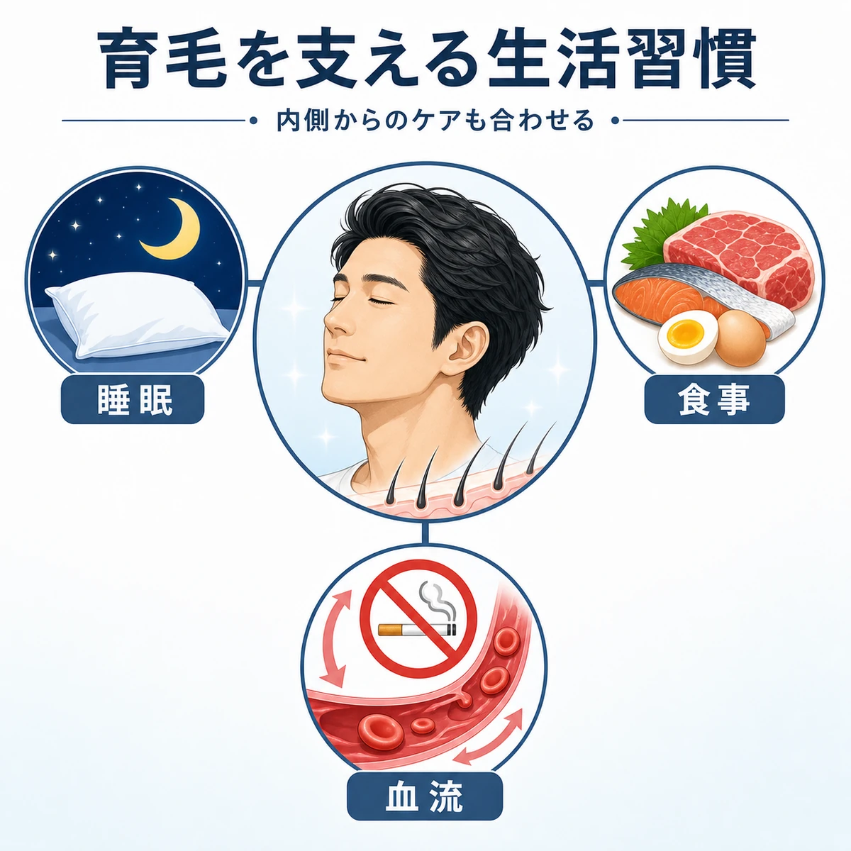 睡眠と食事と血流など内側からの生活習慣が育毛を支える関係を表した医療イラスト