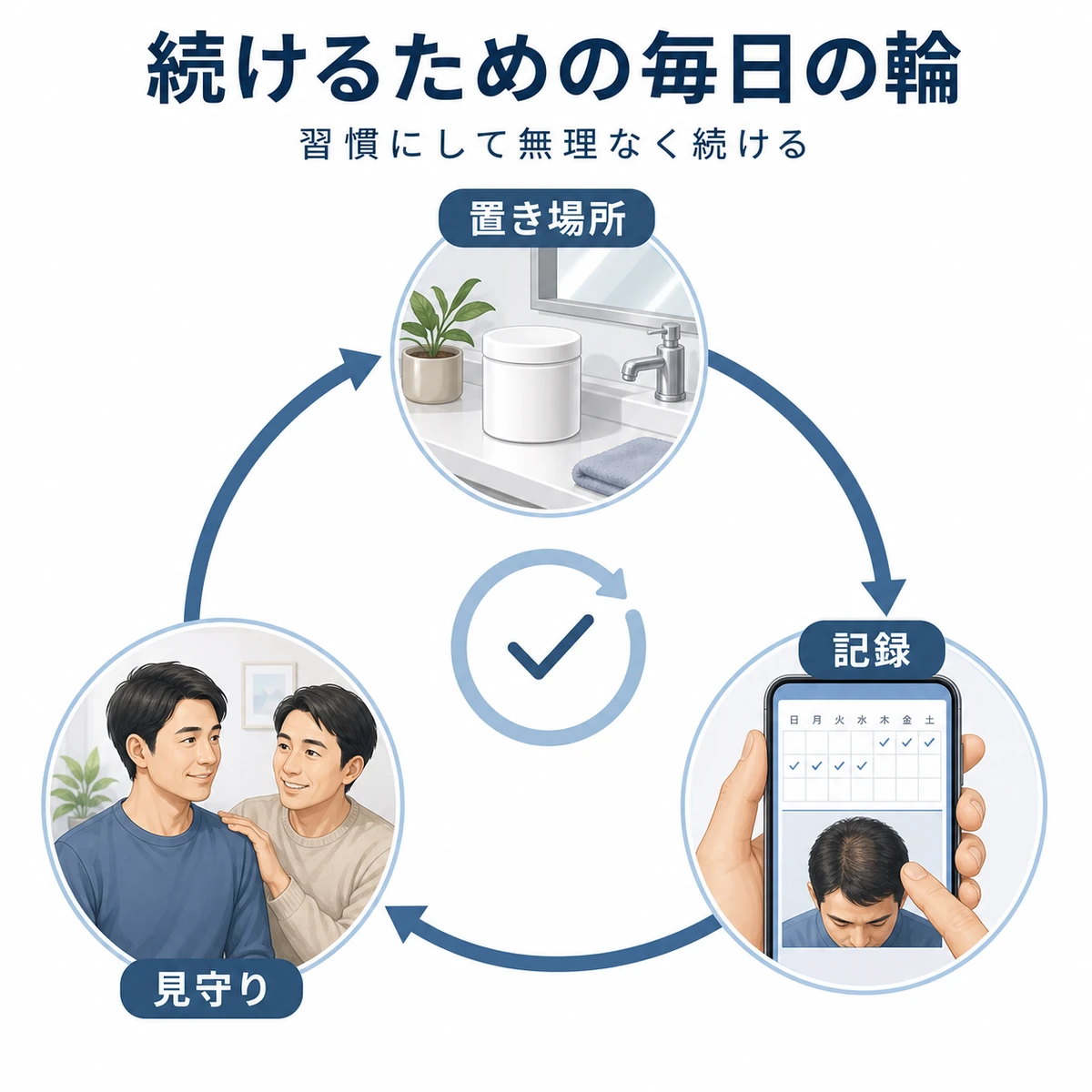育毛剤の置き場所や月一度の記録や周囲の見守りが毎日の習慣として巡り育毛ケアを続ける工夫を表した医療イラスト
