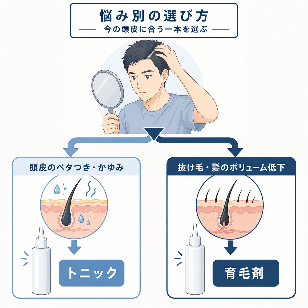 頭皮の状態からトニックか育毛剤かを選ぶ分岐を表した医療イラスト