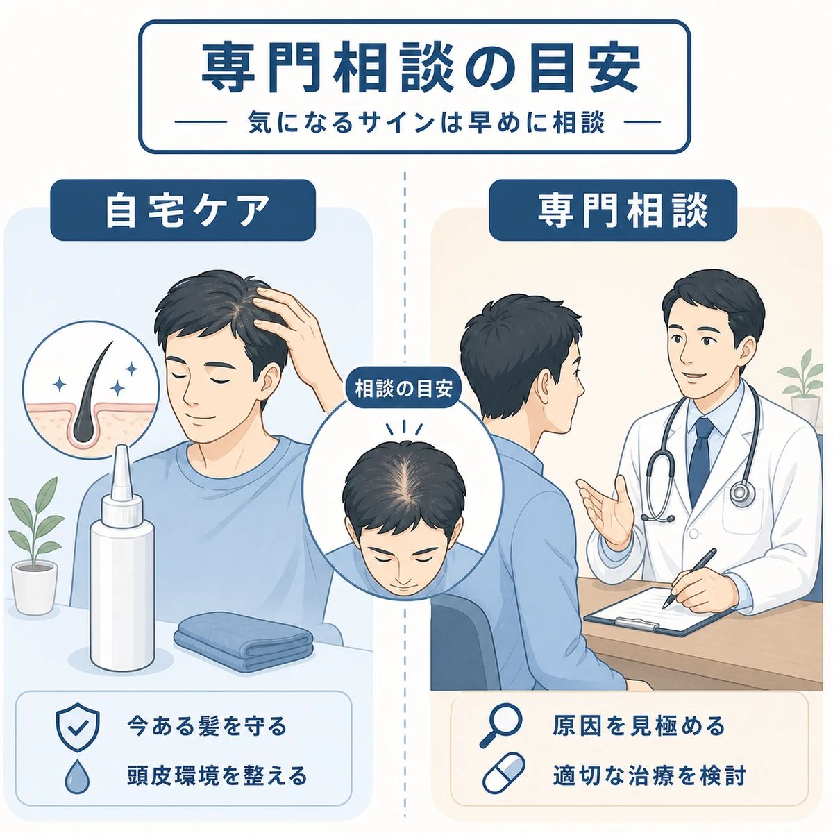 自宅ケアと専門相談の境目と相談を検討する目安を成人男性の医師とともに表した医療イラスト