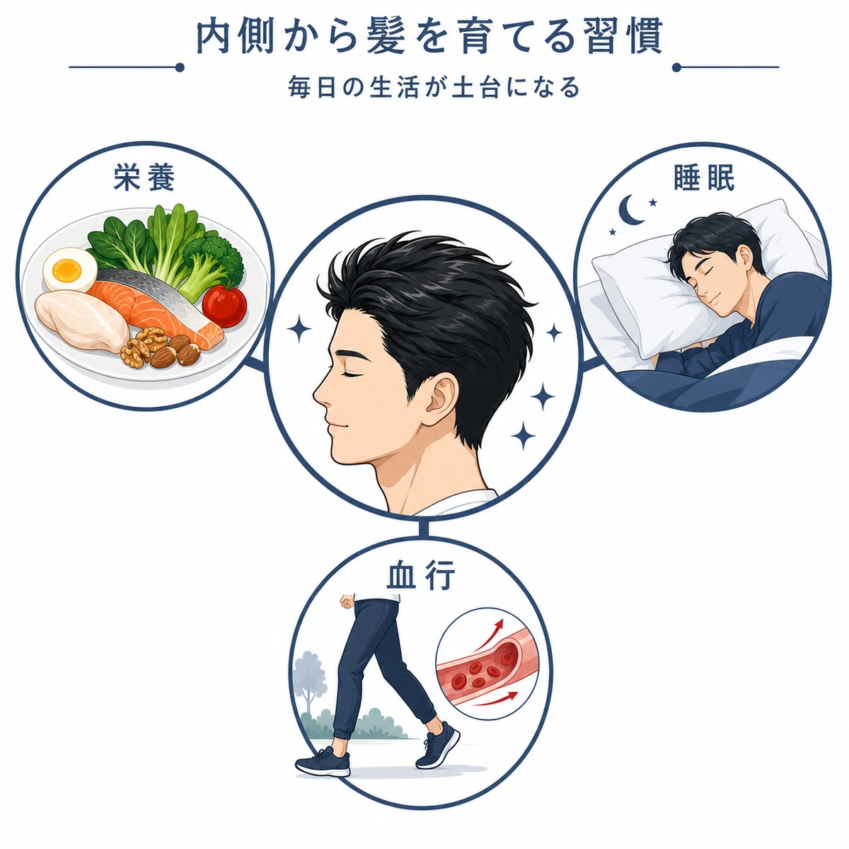 栄養と睡眠と血行の生活習慣が内側から太い髪づくりを支える相乗効果を表した医療イラスト