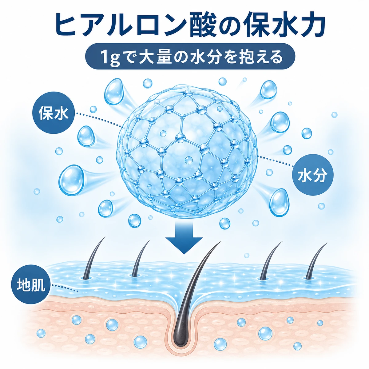 ヒアルロン酸が多くの水分を抱え込み頭皮を潤す保水の仕組みを表した医療イラスト