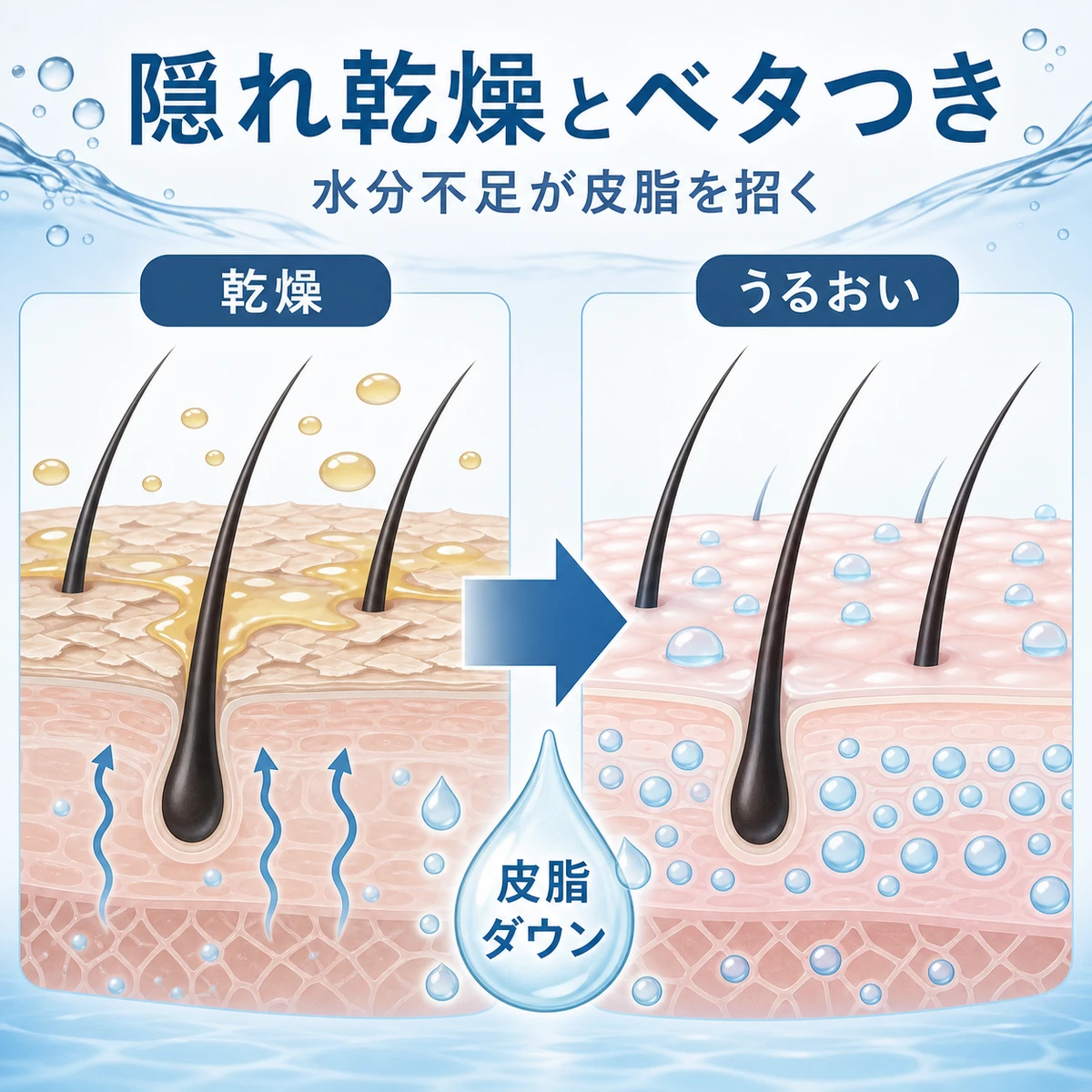 乾燥でベタついた頭皮がヒアルロン酸で落ち着く変化を対比で表した医療イラスト