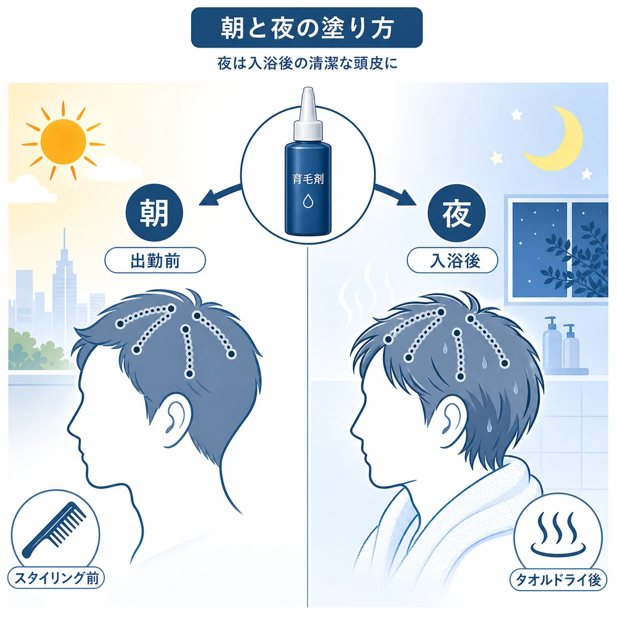 朝と夜それぞれの育毛剤の塗り方の違いを左右で対比した医療イラスト