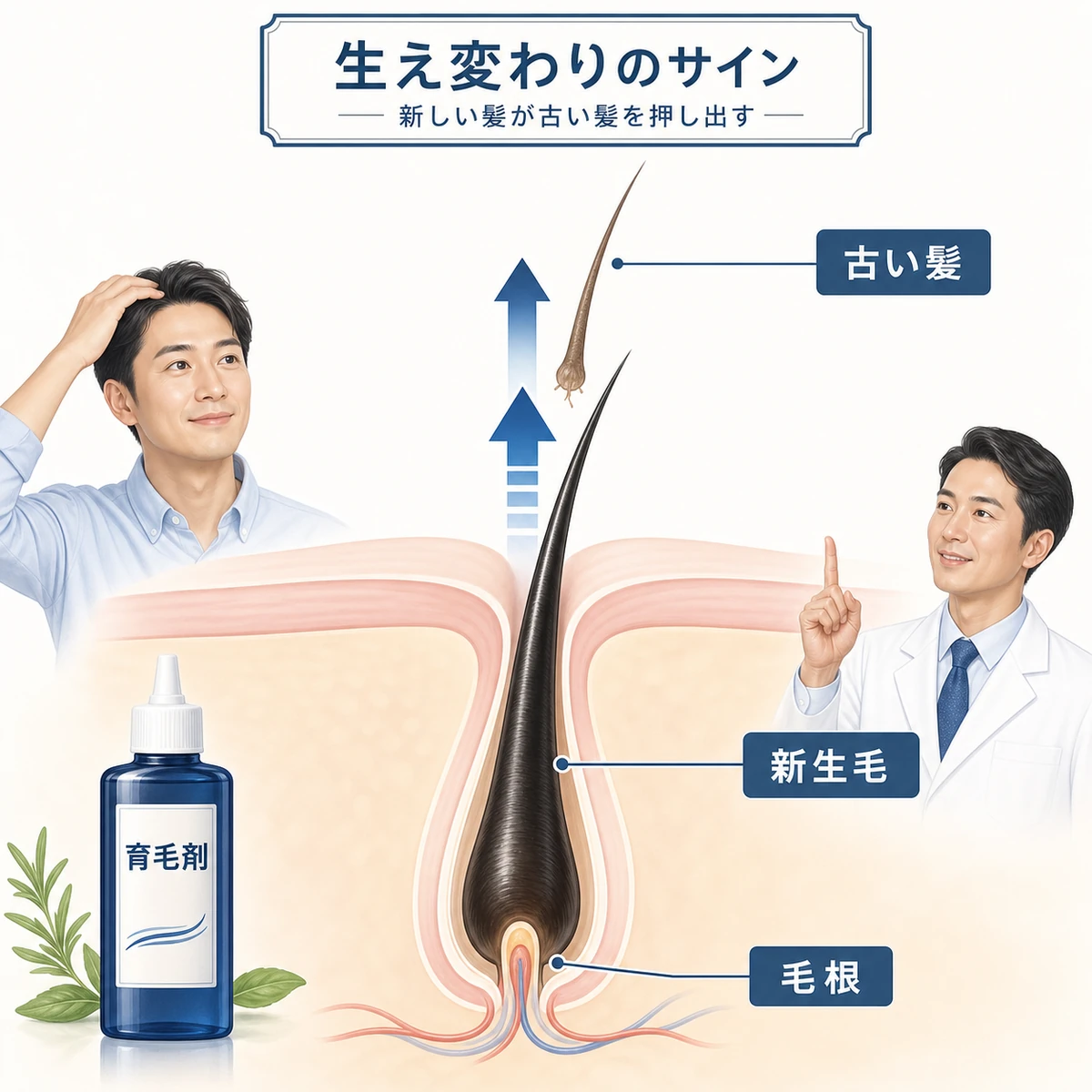 毛穴の奥から伸びる新生毛が古い髪を上へ押し出す生え変わりのしくみを表した医療イラスト
