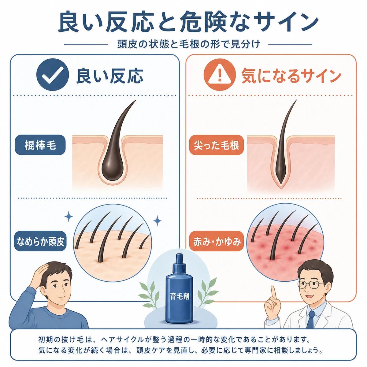 良い初期脱毛と気になる抜け毛を頭皮の状態と毛根の形で左右に見分ける比較を表した医療イラスト
