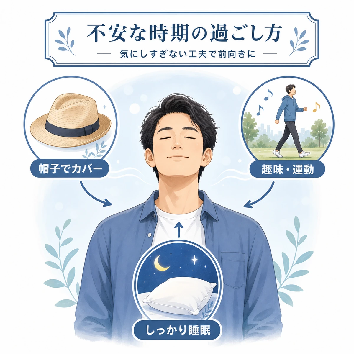 穏やかな男性を中心に帽子や睡眠などで不安な時期を前向きに過ごす工夫を表した医療イラスト