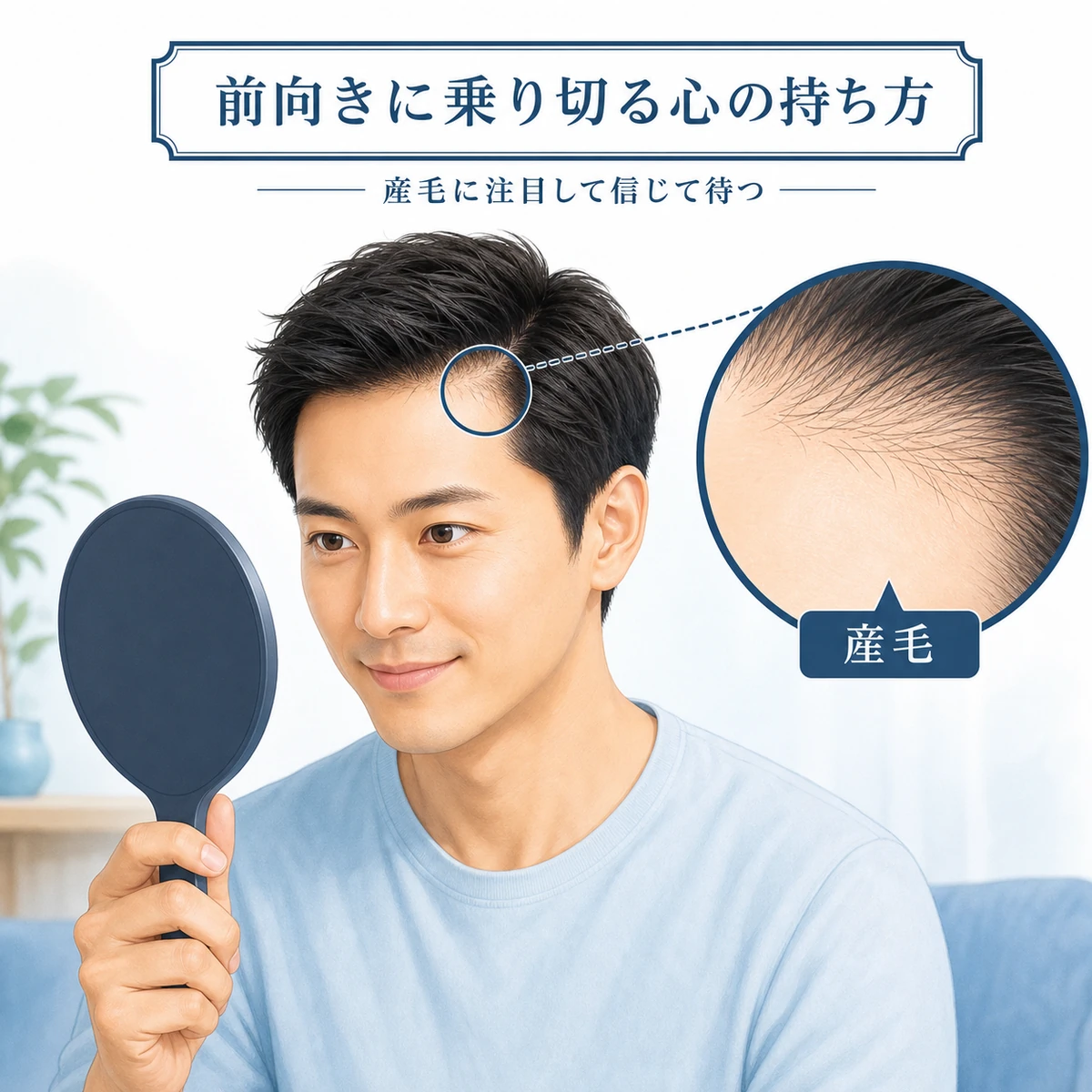 男性が鏡で生え際の産毛を確認し前向きに過ごす様子を表した医療イラスト