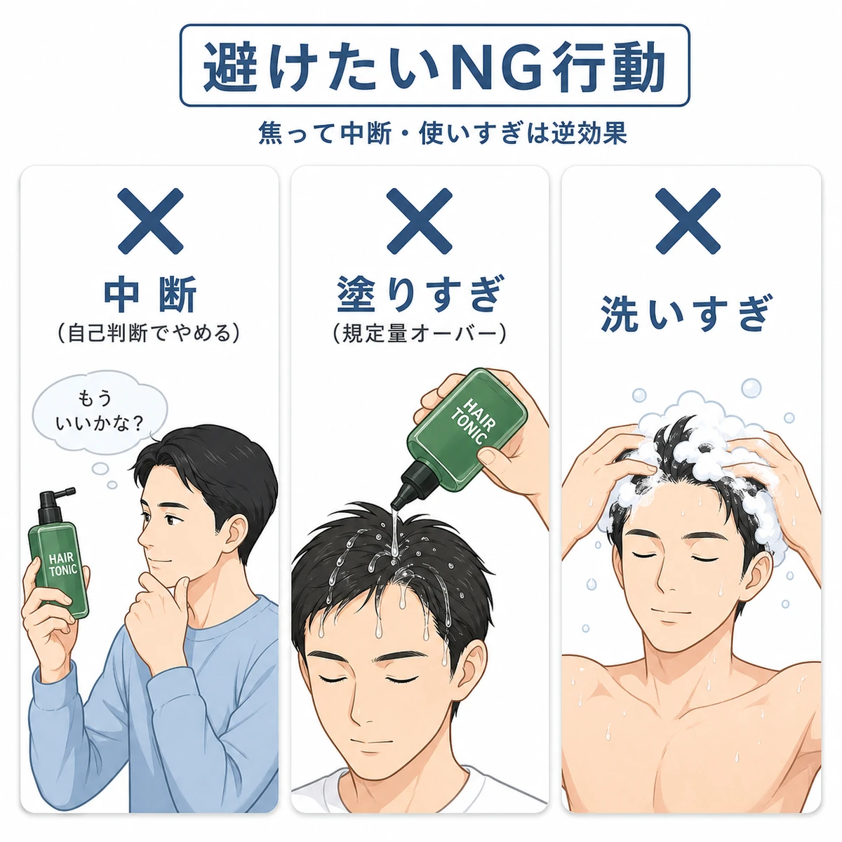 初期脱毛中に避けたい自己判断の中断や塗りすぎ洗いすぎのNG行動を対比で表した医療イラスト