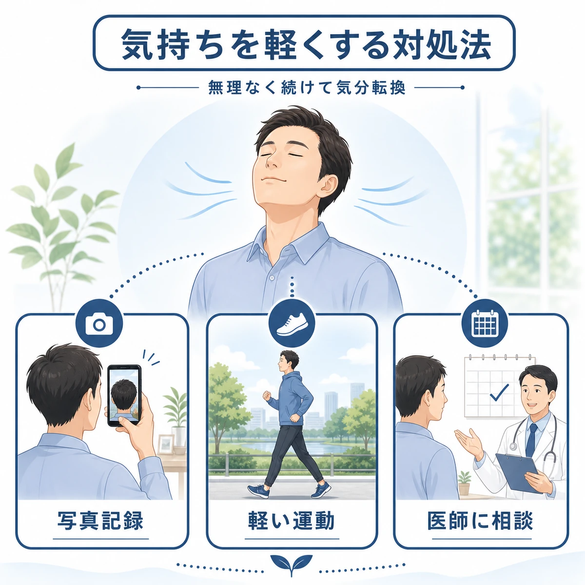 深呼吸する男性と写真記録・運動・相談で気分転換する初期脱毛のストレス対処法を表した医療イラスト